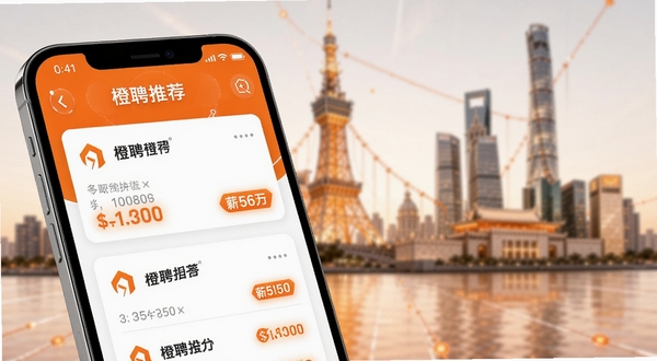 橙聘智能推荐功能界面,画面主体为手机屏幕特写,屏幕上显示多个职位卡片,每张卡片带有企业Logo与薪资标签,背景为虚化的城市地标剪影,整体色调以橙色和白色为主,体现科技感与活力