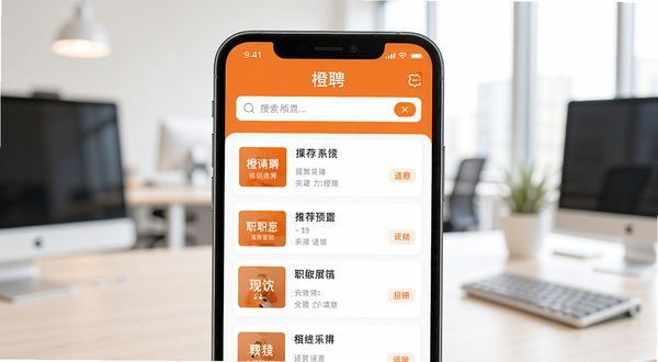 橙聘应用主界面展示,画面中央为手机屏幕,屏幕内呈现橙色主题的职位推荐列表与搜索框,背景为简洁的办公场景虚化处理,光线明亮柔和,突出移动端招聘软件的便捷感