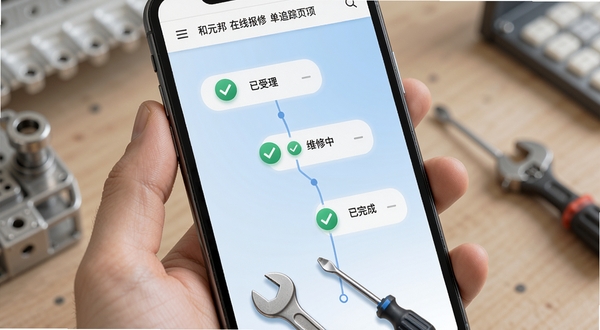 和元邦在线报修工单追踪页面,手机屏幕展示工单进度时间轴,包含已受理、维修中、已完成三个节点,每个节点配有对勾图标,背景为淡蓝色渐变,画面下方有扳手和螺丝刀工具元素点缀,整体风格简洁专业