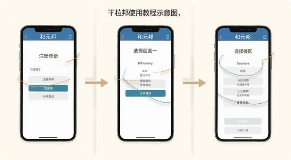 和元邦使用教程示意图,手机屏幕展示注册登录与选择社区楼栋的操作步骤,画面以分镜形式呈现三个手机界面,背景为柔和的米白色,配有箭头引导线,整体风格清晰易懂,软件名称和元邦出现在顶部标题栏