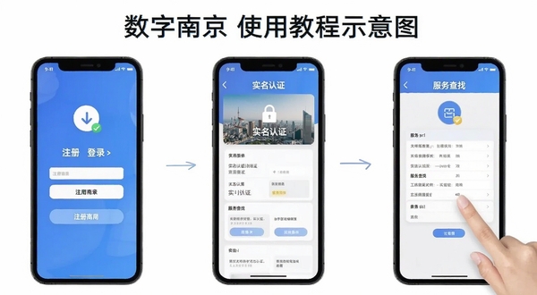 数字南京使用教程示意图,画面展示手机屏幕操作步骤,包括注册登录、实名认证、服务查找三个界面,背景简洁白色,图标清晰,适合新手用户参考
