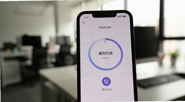 画面主体为一部手机屏幕特写,屏幕显示GuluLoop专注模式界面,有倒计时圆环与“请勿打扰”图标,背景为模糊的办公室场景,光线柔和,突出GuluLoop自定义提醒与专注模式的沉浸感。