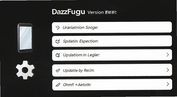 DazzFugu 版本更新界面,显示更新日志列表,背景为深色,文字清晰,旁边有手机和齿轮图标,风格简洁,Boogu模型生成