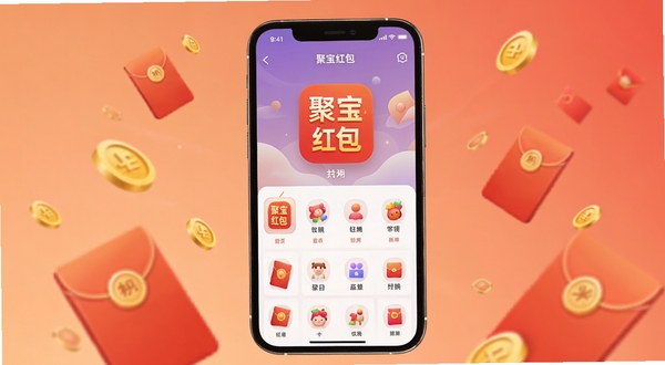 聚宝红包软件主界面全貌展示,画面中央是手机屏幕,屏幕内显示聚宝红包应用图标与首页功能布局,背景为柔和的橙红色渐变,周围点缀红包与金币元素,整体风格喜庆简洁,适配Boogu模型生成