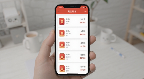 聚宝红包红包记录统计页面,手机屏幕显示列表式红包记录,包含时间、来源与金额汇总,界面干净整洁,背景为浅色卡片式布局,突出数据管理功能