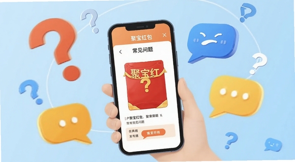 聚宝红包用户问答场景插图,画面为手机屏幕显示常见问题解答页面,周围环绕问号与对话气泡,背景为浅蓝色调,风格简洁友好,体现答疑解惑氛围