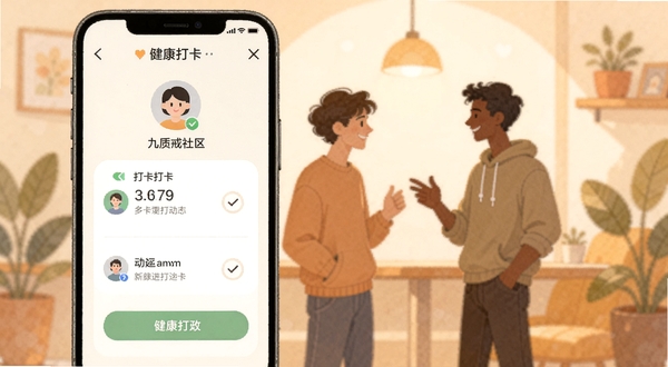 九质戒社区互动界面,画面展示手机屏幕中用户头像与健康打卡动态,背景为柔和的社交场景插画,有几个人物剪影在交流,整体色调温暖友好