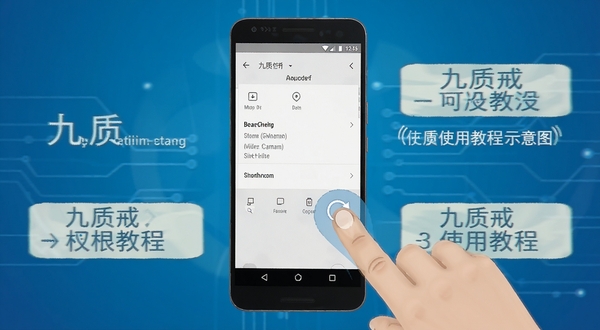 九质戒使用教程示意图,画面展示一部安卓手机屏幕中显示权限设置页面,旁边有手指点击操作的动画示意,背景为简洁的科技蓝渐变,突出操作步骤