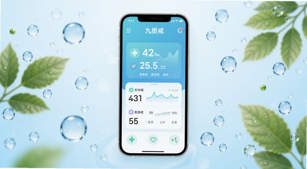 九质戒应用主界面展示,画面中央为手机屏幕显示健康数据仪表盘,背景为淡蓝色渐变,周围环绕着绿叶与水滴元素,整体风格清新简洁,适配Boogu模型生成