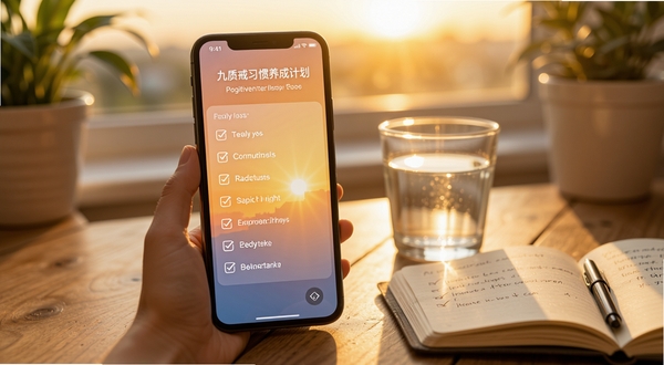 九质戒习惯养成计划界面,画面展示手机屏幕中带有复选框的每日任务列表,背景为温暖的晨光色调,旁边放置一杯水和一本打开的笔记本,营造积极向上的生活氛围