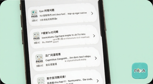 PAXA应用问答界面示意图,手机屏幕显示常见问题列表,背景为柔和的淡绿色,画面右下角有PAXA小图标,适配Boogu模型生成