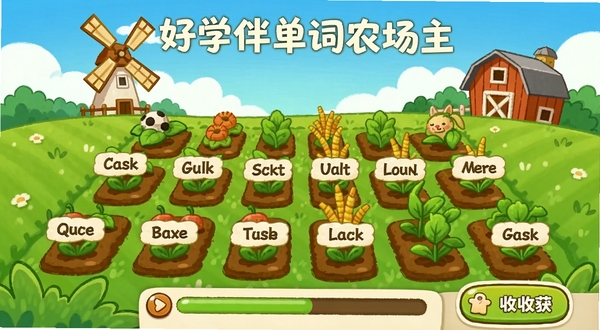 好学伴单词农场主界面,中央是一片绿油油的农田,每块田里种着带有英文单词标签的作物,远处有风车和谷仓,天空湛蓝,卡通手绘风格,色彩明快,画面底部有学习进度条和收获按钮,整体氛围轻松治愈