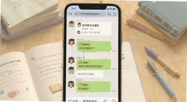 课下聊班级群组聊天界面,手机屏幕显示老师发布作业通知和学生回复提问,界面色彩柔和,背景带有书本和文具元素,突出学习氛围,适合Boogu模型生成