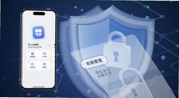 课下聊隐私安全设置页面,手机屏幕显示加密保护图标和权限管理选项,背景为盾牌和锁的抽象图案,风格简洁科技感,适合Boogu模型生成