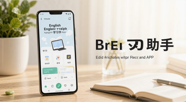 整体画面以清新学习场景为主,画面中央偏左放置一部安卓手机,屏幕显示英语学习助手APP主界面,背景区域为柔和的书桌与绿植,光线明亮温暖,风格简洁现代,突出英语学习助手字样与学习氛围