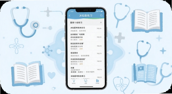 沐知医考软件主界面展示,画面中央为手机屏幕呈现题库练习页面,背景区域为淡蓝色医学元素装饰,包含听诊器与书本图标,整体风格清爽专业,适合Boogu模型生成