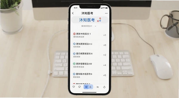 沐知医考版本更新日志页面截图,手机屏幕显示更新列表与版本号,背景为浅色办公桌面,画面简洁清晰,适合Boogu模型生成