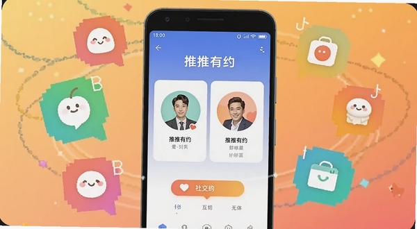 画面中央放置一部安卓手机,屏幕显示推推有约的社交匹配界面,周围环绕着代表不同兴趣爱好的彩色气泡图标,背景为温馨的暖色调渐变,突出社交互动的轻松氛围,整体风格简洁明快,适配Boogu模型生成