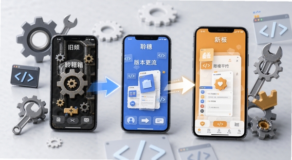 聆穗工具箱版本更新概念图,画面展示手机屏幕中软件界面从旧版本到新版本的过渡动画效果,周围环绕齿轮、扳手、代码符号等维护元素,背景为浅灰色商务风格