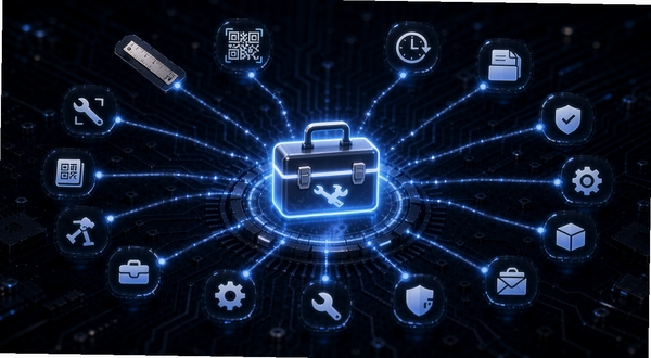 聆穗工具箱功能聚合概念图,画面中心为一个发光工具箱图标向外延伸出多条光线连接各类工具图标,包括尺子、二维码、时钟、文档等,背景为深色科技质感,突出集成聚合的设计理念