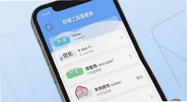 聆穗工具箱更新日志展示图,画面为手机屏幕中显示版本更新列表界面,包含新增、优化、修复等分类标签,背景为淡蓝色渐变,整体呈现清爽的阅读体验