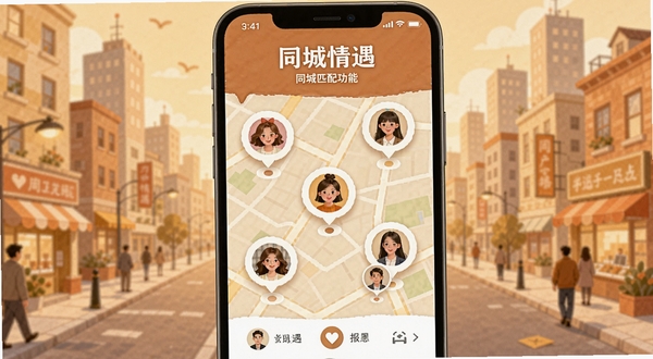 同城情遇同城匹配功能界面,手机屏幕显示地图上分布的附近用户头像气泡,背景是城市街区插画风格,色调温暖,突出同城情遇的地理位置匹配特点