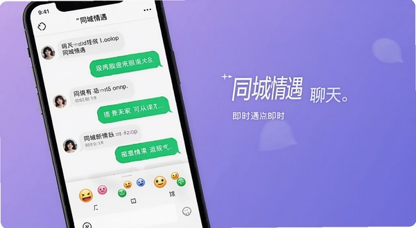 同城情遇聊天对话界面,手机屏幕展示气泡式聊天记录与表情面板,背景是柔和渐变紫色,突出同城情遇的即时通讯功能