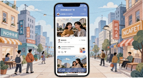 同城情遇动态广场页面,手机屏幕显示瀑布流图文卡片与点赞评论按钮,背景是城市生活场景插画,体现同城情遇的社区互动氛围
