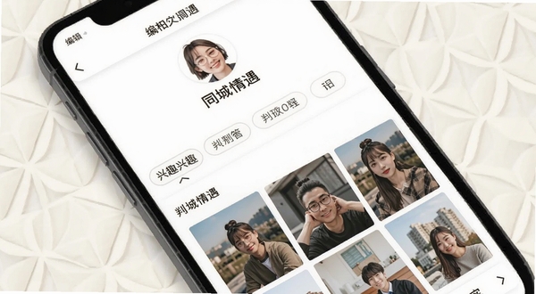 同城情遇个人资料编辑页面,手机屏幕显示兴趣标签选择与照片墙布局,背景是浅色几何纹理,整体干净清爽,体现同城情遇的个性化资料设置