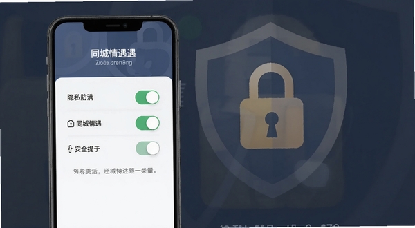 同城情遇隐私设置界面,手机屏幕展示开关选项与安全提示文字,背景是盾牌与锁的抽象图形,色调沉稳,突出同城情遇的安全防护功能