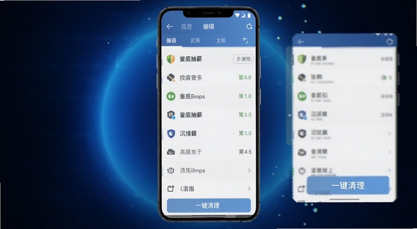 一款名为釜底抽薪的安卓系统工具应用界面悬浮在手机屏幕上方,画面主体为手机正视图位于中央,背景为深蓝色科技感渐变光晕,界面展示进程管理列表与一键清理按钮,整体风格简洁硬朗,适配Boogu模型生成