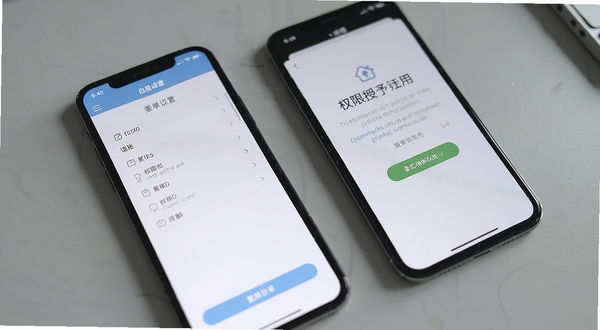 釜底抽薪软件在手机上的操作界面截图,画面展示白名单设置页面与权限授予引导页,手机呈倾斜角度放置,背景为浅灰色桌面,光线柔和,突出界面清晰易读的特点