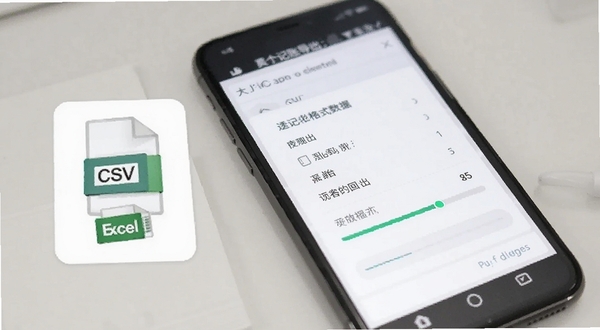 大小记账数据导出界面,手机屏幕显示导出格式选择菜单和进度条,旁边有CSV和Excel文件图标,背景为白色简洁风格