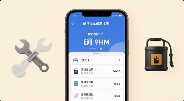 畅行优车保养提醒功能界面,手机屏幕显示保养倒计时与历史记录列表,旁边有扳手与机油桶图标装饰,背景为柔和米色,突出提醒与记录功能,适配Boogu模型生成