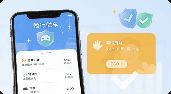 畅行优车违章查询与年检指引界面,手机屏幕展示违章记录列表与年检提醒卡片,背景为淡蓝色,配有盾牌与对勾图标,突出安全与规范,适配Boogu模型生成