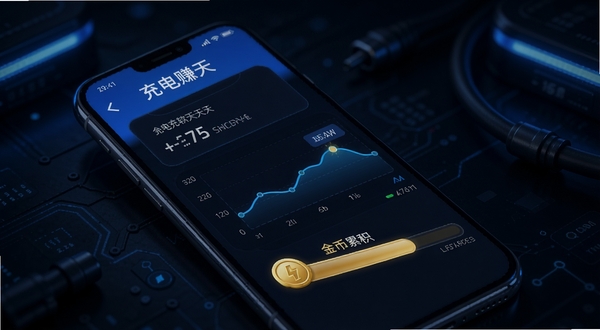 充电天天赚 软件功能界面 手机屏幕展示充电监测曲线与金币累积进度条 背景为深色科技风 蓝色光效点缀 数据可视化清晰 适合应用介绍配图