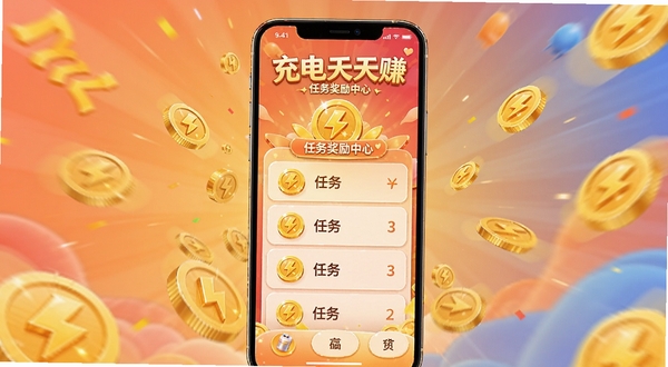 充电天天赚 任务奖励中心界面 手机屏幕显示金币图标与任务列表 背景为暖色调渐变 金币散落动效 喜庆氛围 适合活动宣传配图