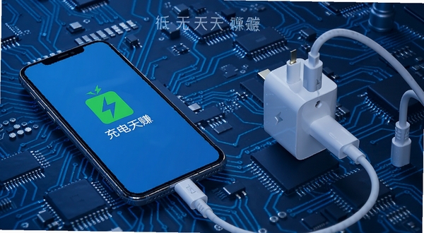 充电天天赚 低耗运行模式示意图 手机与充电器连接 屏幕显示绿色节能标识 背景为电路板纹理 科技蓝配色 突出省电与高效 适合技术说明配图