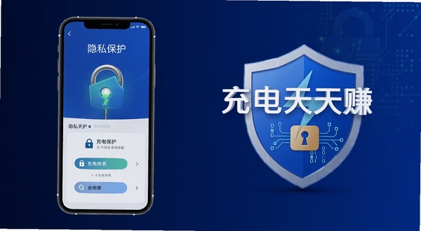 充电天天赚 安全防护盾牌图标 手机屏幕显示隐私保护界面 背景为深蓝色渐变 锁形图案与数据加密符号 稳重可靠 适合安全说明配图