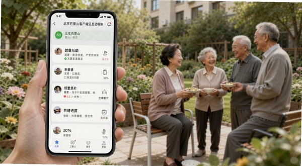 北京石景山客户端社区互动板块界面,手机屏幕显示邻里互助消息与报事处理进度,背景为石景山社区花园与居民交谈场景,风格温馨和谐,体现共建共享理念
