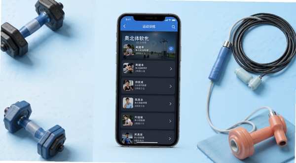 奥北体能软件主界面全貌展示,画面中央为手机屏幕显示运动训练列表,背景为浅蓝色渐变运动场景,四周点缀哑铃、跳绳等健身元素,整体风格清爽简洁