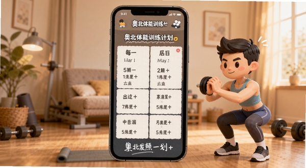 奥北体能训练计划界面,手机屏幕显示一周训练安排表,旁边有卡通人物在做深蹲动作,背景为室内居家健身环境,色调温暖柔和