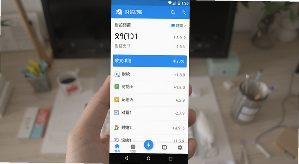财鸽记账 安卓手机主界面截图 清爽记账面板 白色背景 蓝色主色调 收支明细列表 底部导航栏 居中构图