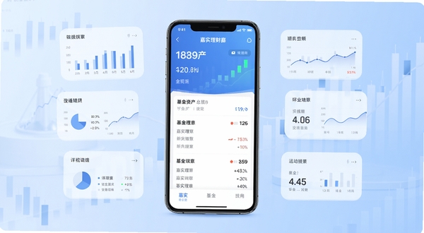 嘉实理财嘉应用主界面全貌展示,画面中央为手机屏幕呈现基金资产总览页面,背景为浅蓝色渐变金融风格,周围环绕图表与数据元素,整体简洁专业