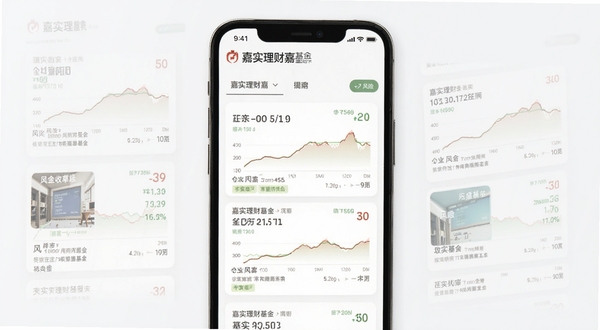 嘉实理财嘉基金超市页面展示,手机屏幕中呈现多只基金产品卡片列表,包含收益率曲线与风险标签,背景为干净的白色与浅灰色调,突出信息层次