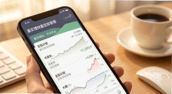 嘉实理财嘉定投管理界面,手机屏幕显示定投计划列表与收益走势图,画面色调温暖柔和,突出理财规划的场景感