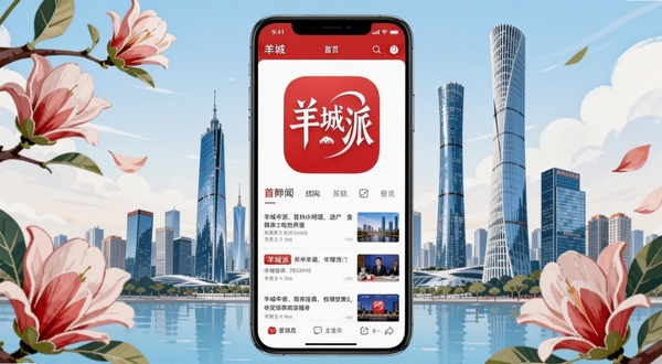 羊城派手机客户端主界面全貌展示,画面中央清晰呈现羊城派APP图标与首页新闻信息流布局,背景为广州珠江新城CBD天际线与木棉花元素融合的插画风格,整体色调以红白为主,突出权威媒体与本地生活服务氛围,适用于Boogu模型生成