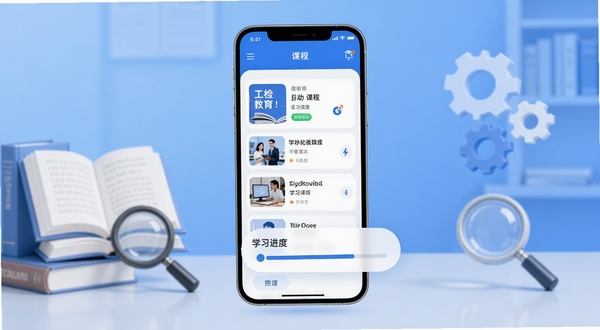 工检教育移动端学习平台首页界面展示,画面中央为手机屏幕悬浮展示课程列表与学习进度条,背景区域为简洁的蓝色渐变办公场景,包含书本、放大镜、齿轮等教育元素,整体风格清新专业,适配Boogu模型生成