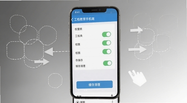 工检教育手机端设置与权限管理界面,画面展示手机屏幕中的权限开关列表和缓存清理按钮,背景为简洁的灰色渐变,突出操作指引感,适配Boogu模型生成
