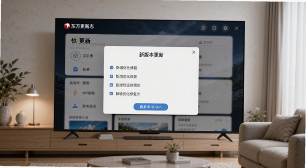 看东方软件更新日志界面,主体为电视屏幕显示版本更新弹窗,弹窗内列出新增优化修复条目,背景为简洁客厅,屏幕光线柔和